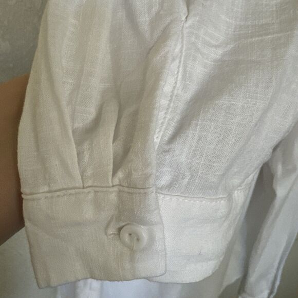 White Linen Collarless Button Shirt Roll Tab Sleeve Women’s Size XL Pock… - Picture 10 of 11